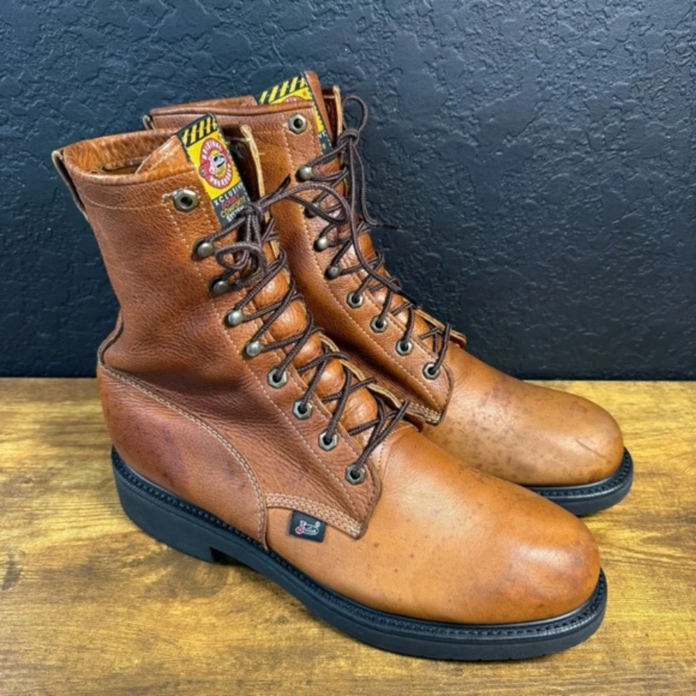 Justin Original Workboots 760 Tan Leather Lace Up Work Boots Mens 12D